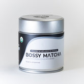 Pure matcha tea powder tin package on white background - front side